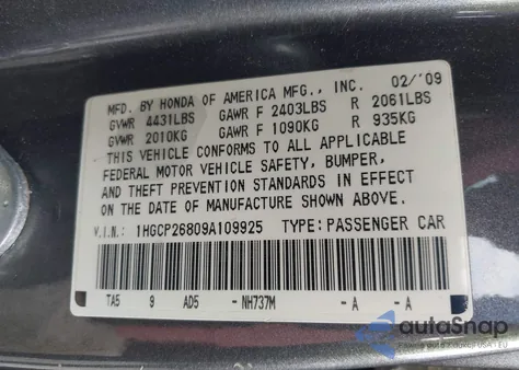 2009 Honda Accord 2.4 Ex-L z USA, uszkodzony, nr VIN 1HGCP26809A109925